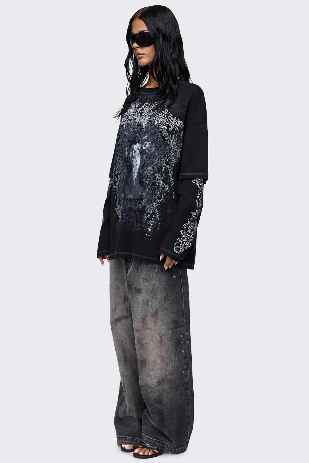 MINGA LONDON Angels Whisper Black Graphic Layered T-Shirt