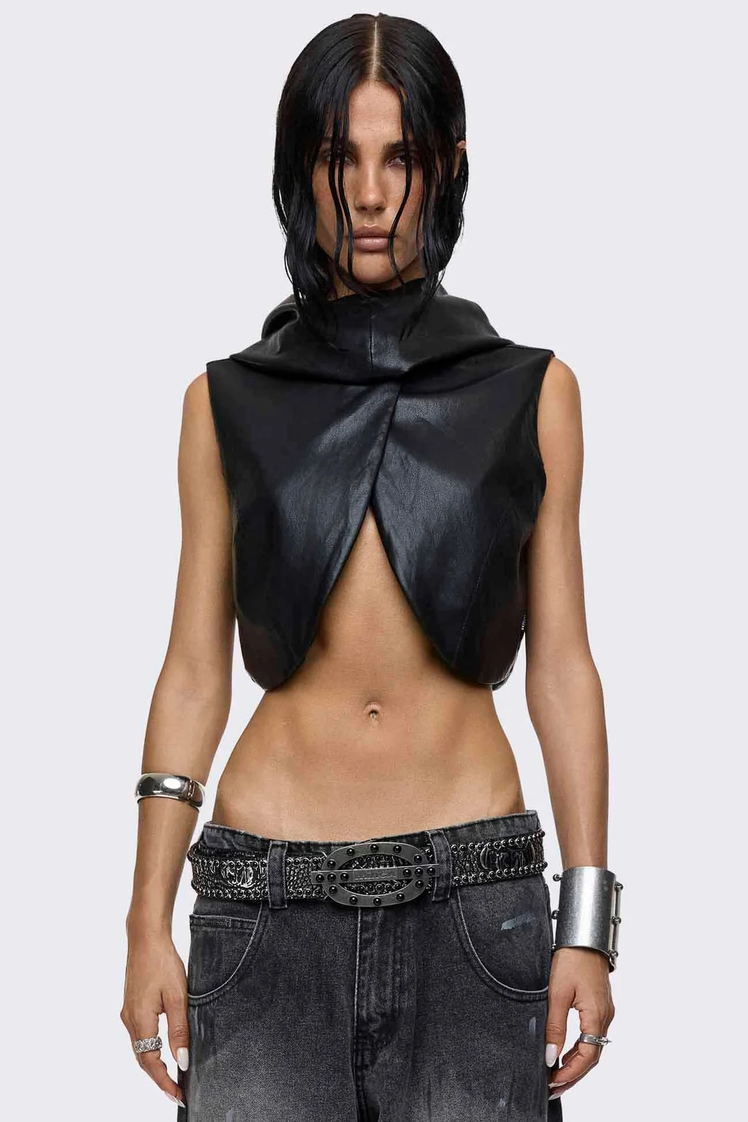 MINGA LONDON Lost Cause Vegan Leather Hooded Crop Top