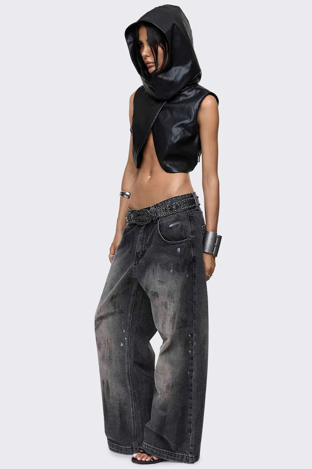 MINGA LONDON Lost Cause Vegan Leather Hooded Crop Top
