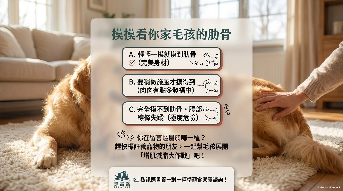 飼主以雙手觸摸犬隻肋骨進行體態檢查