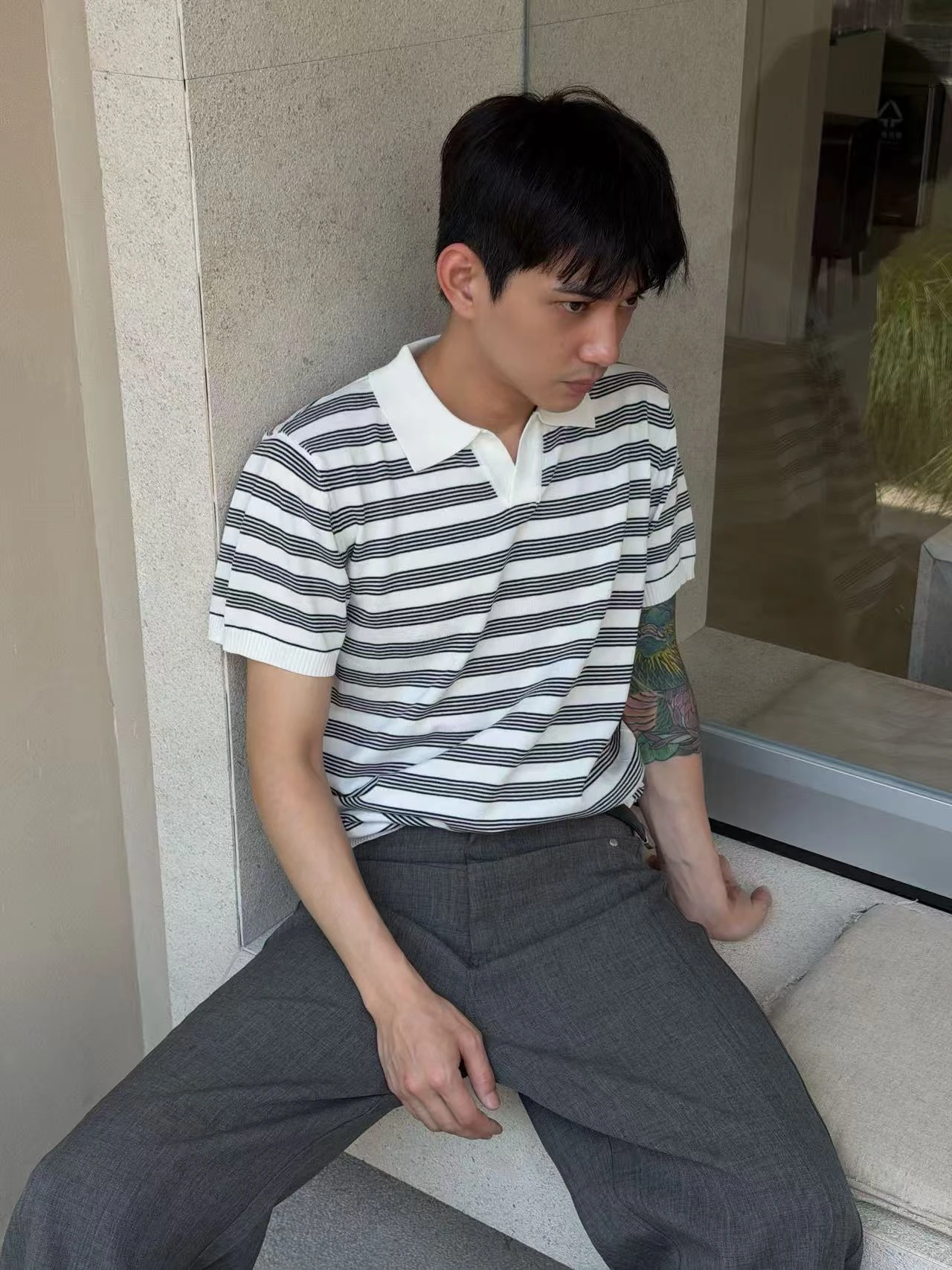質感海鷗領條紋POLO衫