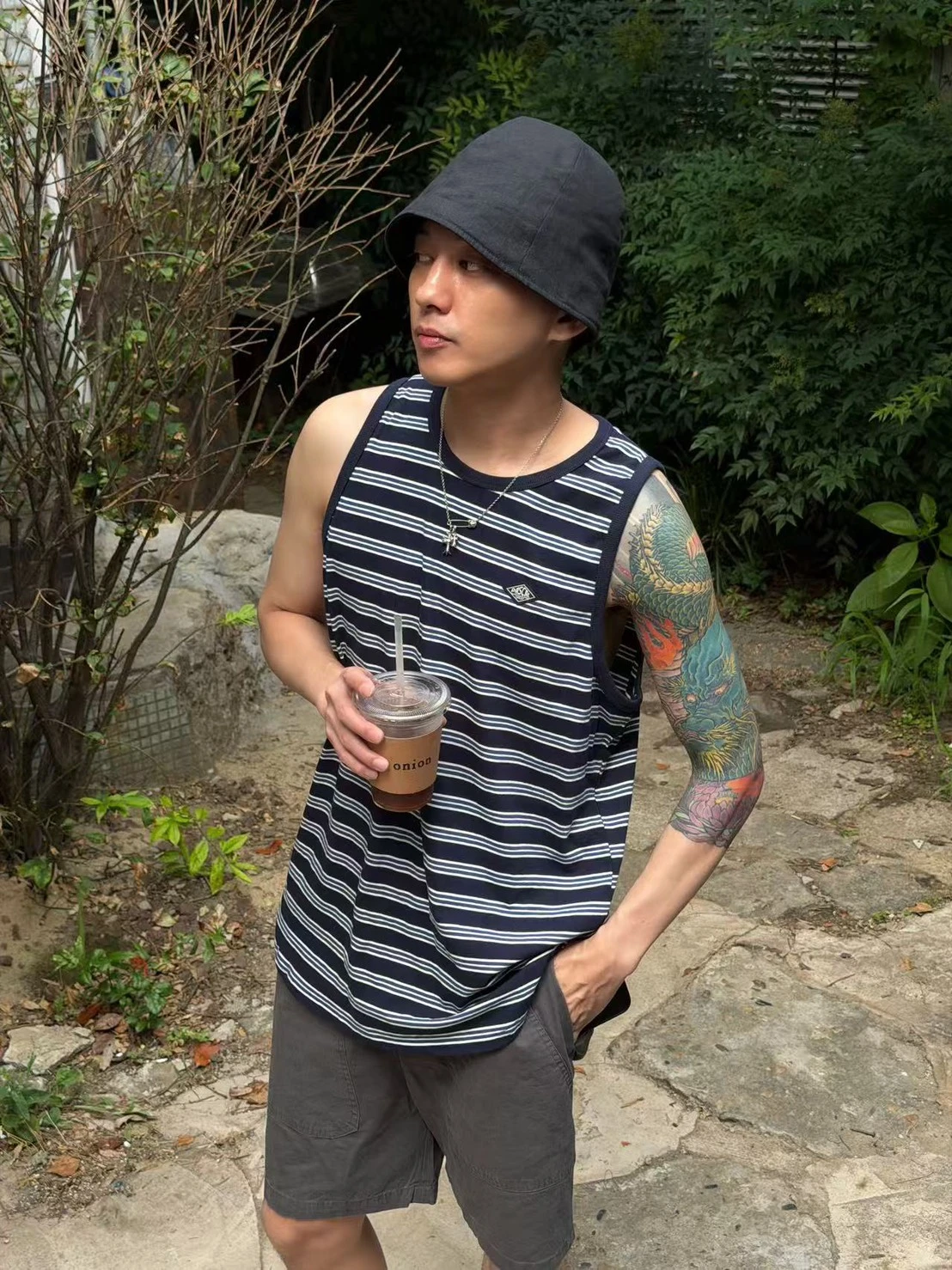 美式復古條紋寬肩背心