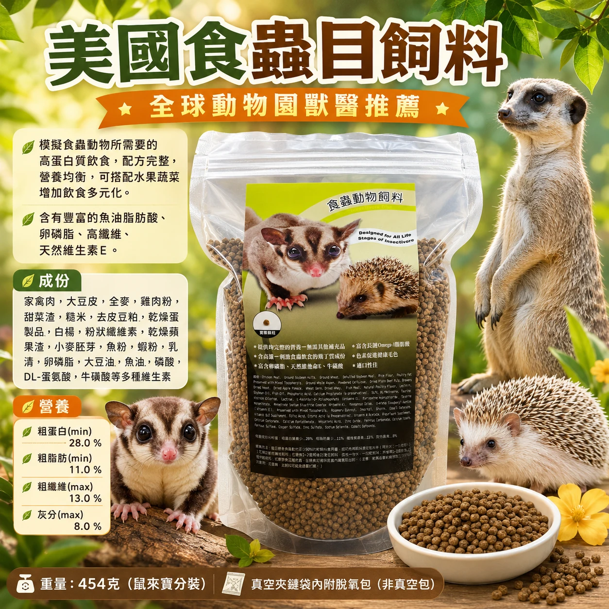 美國食蟲目飼料(刺蝟、蜜袋鼯、狐獴)適用