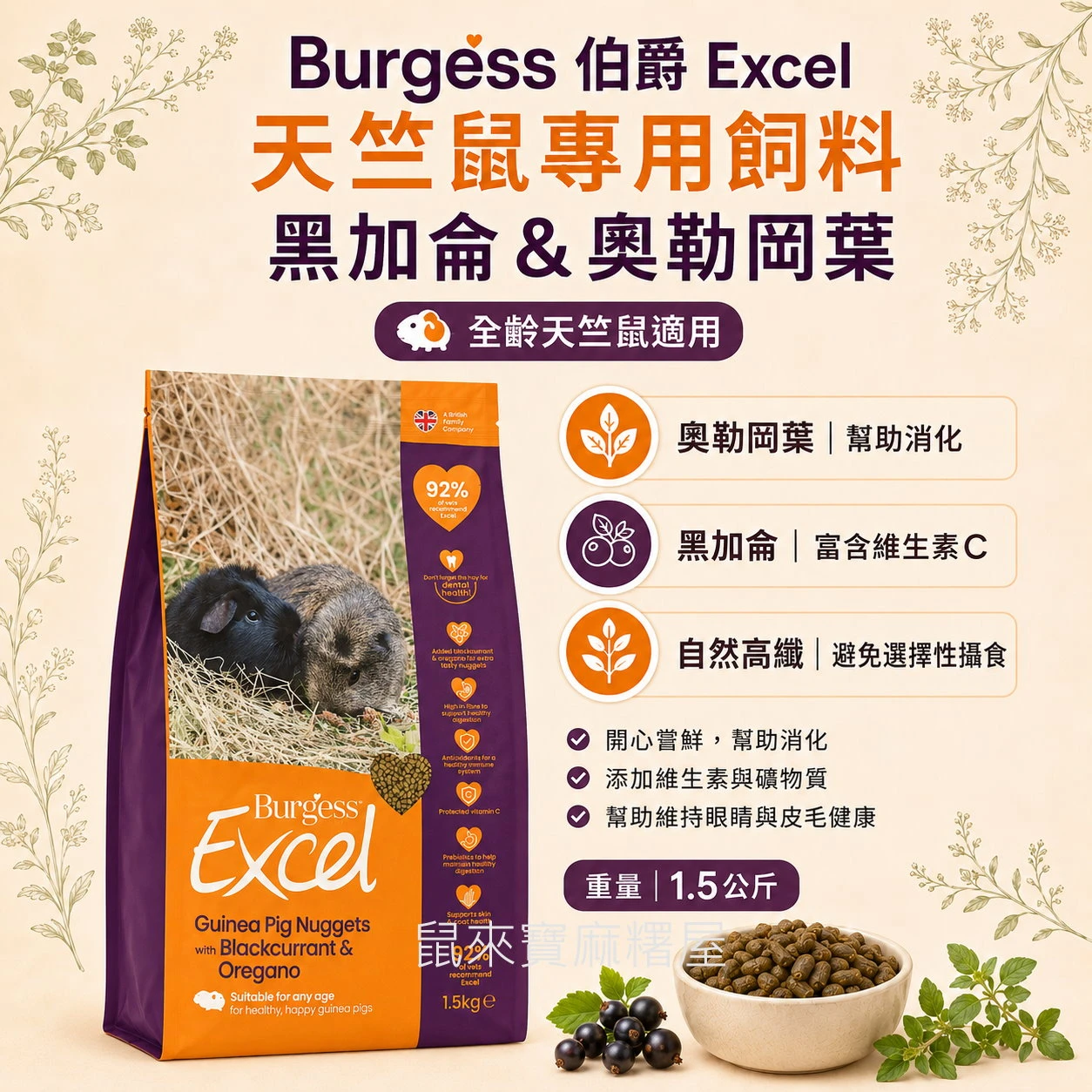 Burgess 伯爵 Excel 天竺鼠專用飼料(黑加侖&奧勒岡葉)