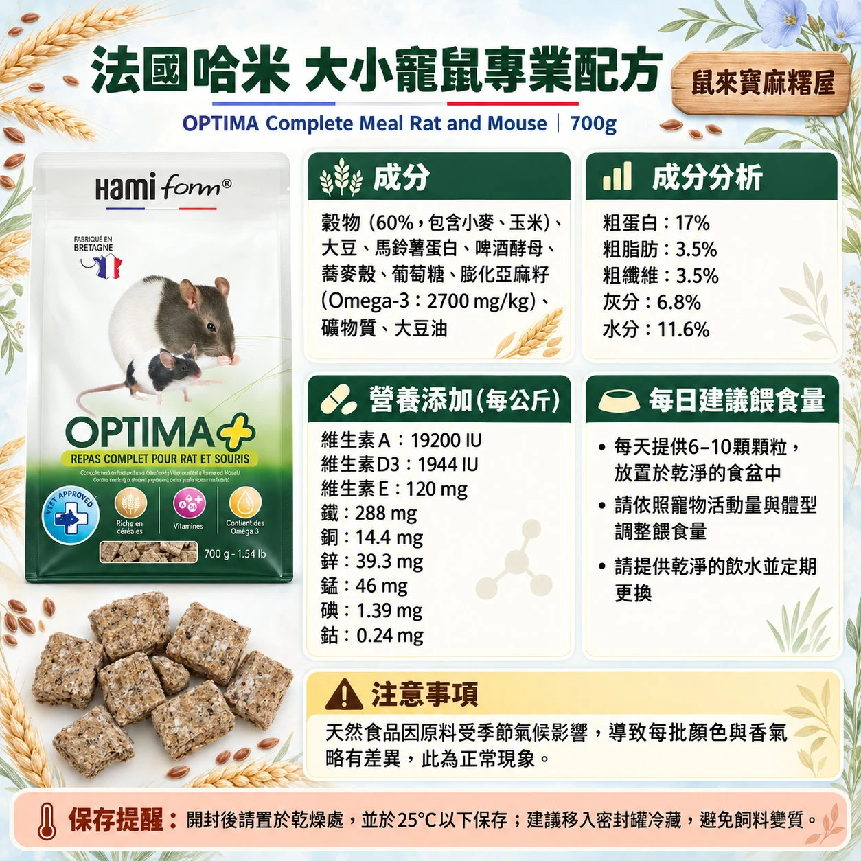 【法國哈米】Optima – complete meal rat and mouse 大小寵鼠(花枝鼠)專業配方700g