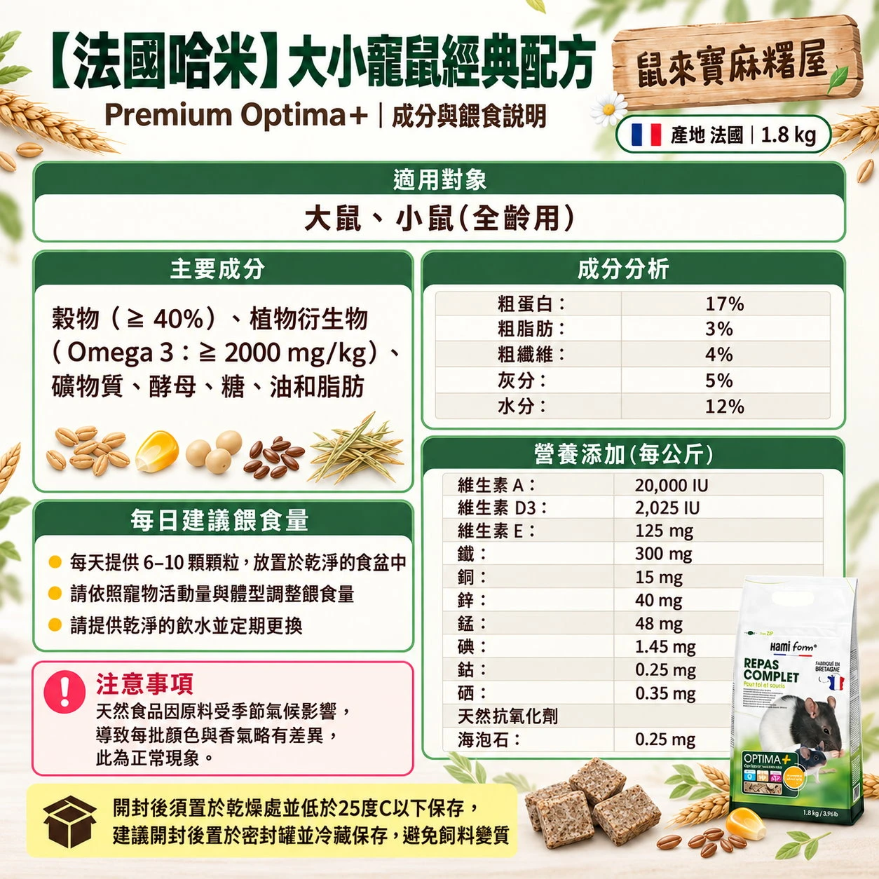 【法國哈米】Premium Optima + complete meal rat / mouse大小寵鼠經典配方1.8kg(花枝鼠)