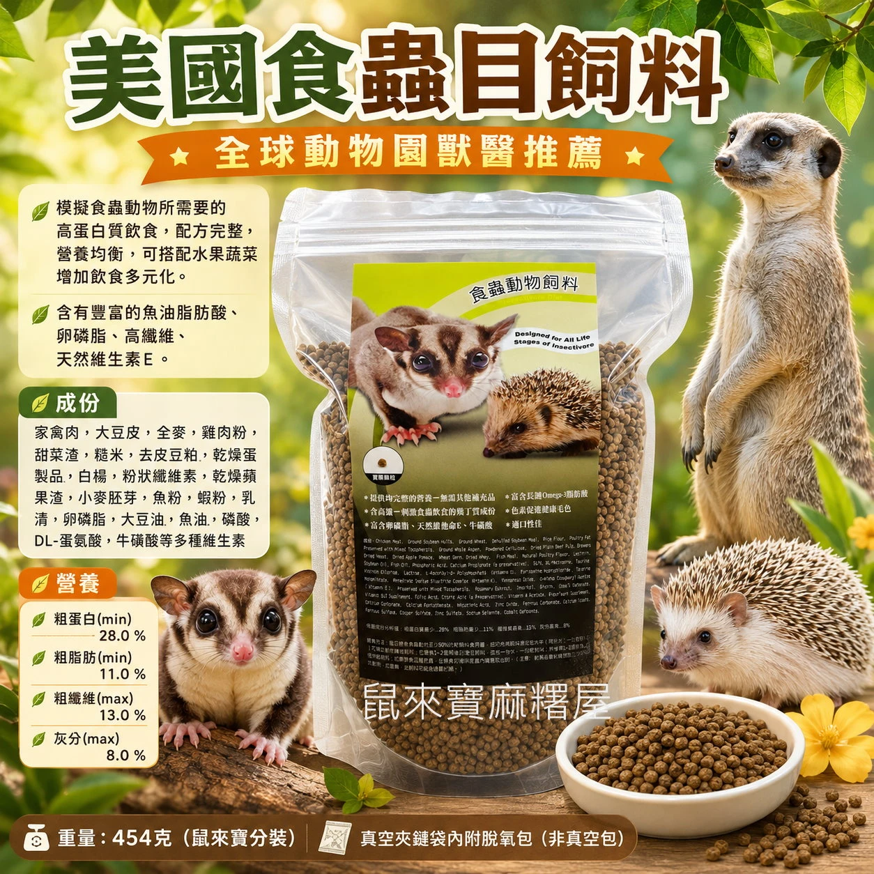 美國食蟲目飼料(刺蝟、蜜袋鼯、狐獴)適用