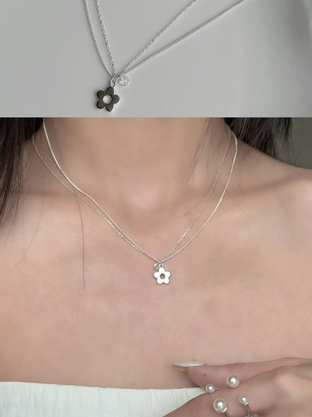 925純銀 花花小水鑽雙層項鍊