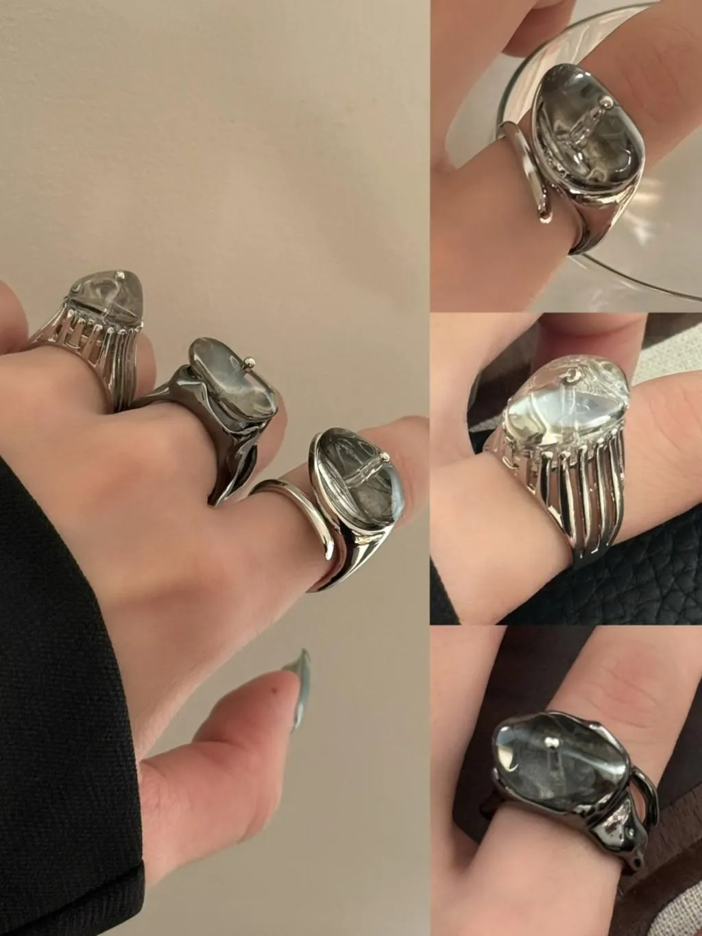 日系輕奢 黑灰水晶戒指
