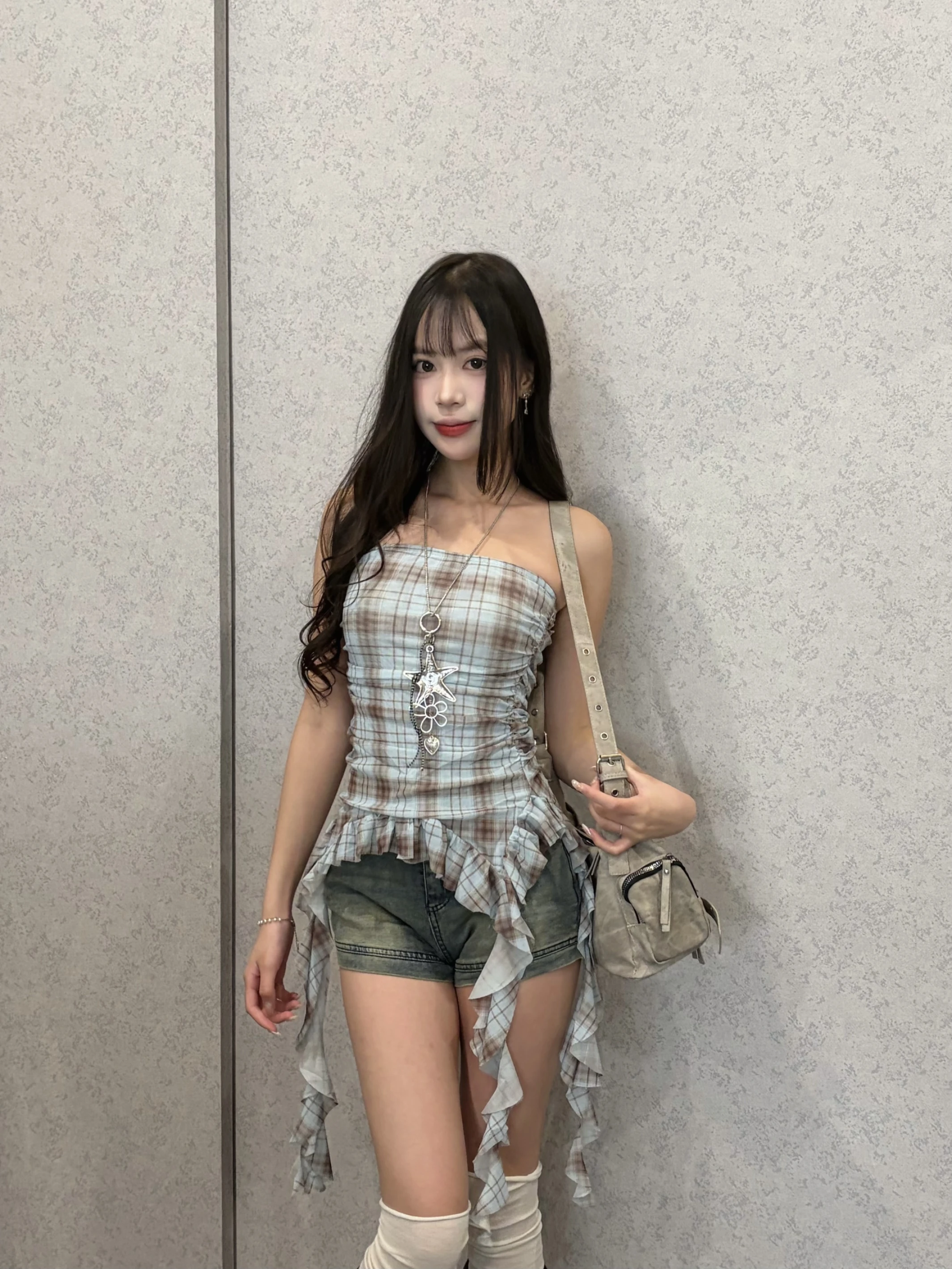 格紋平口紡紗上衣