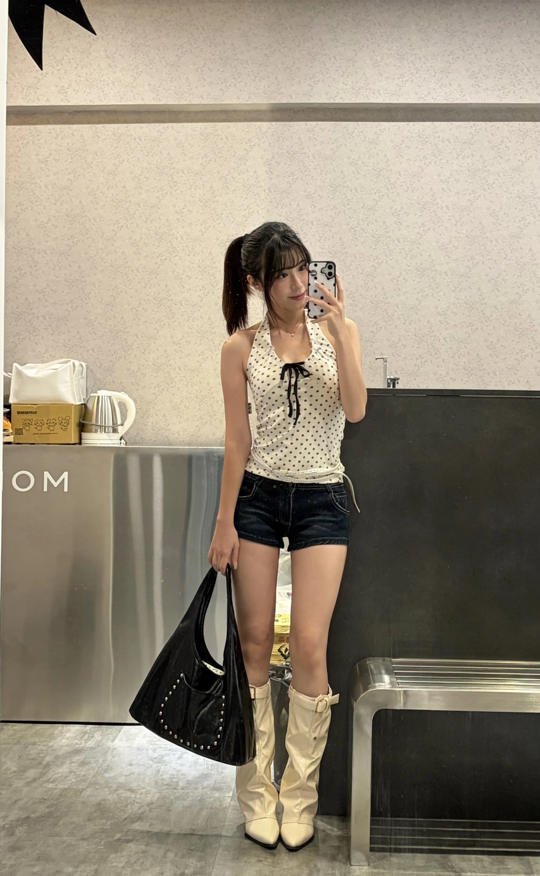 波點掛脖拼接上衣