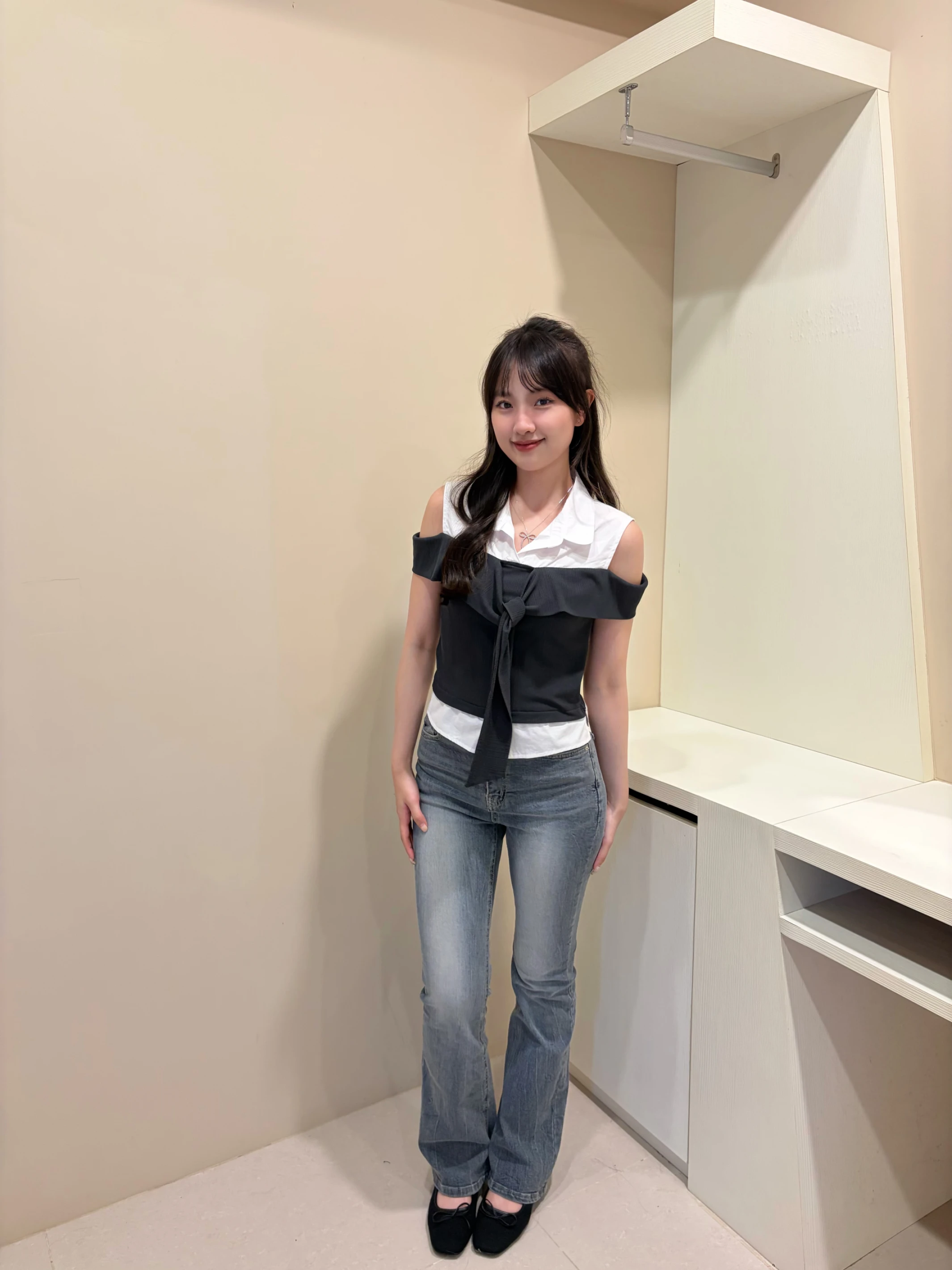 海鹽微光 假兩件露肩襯衫