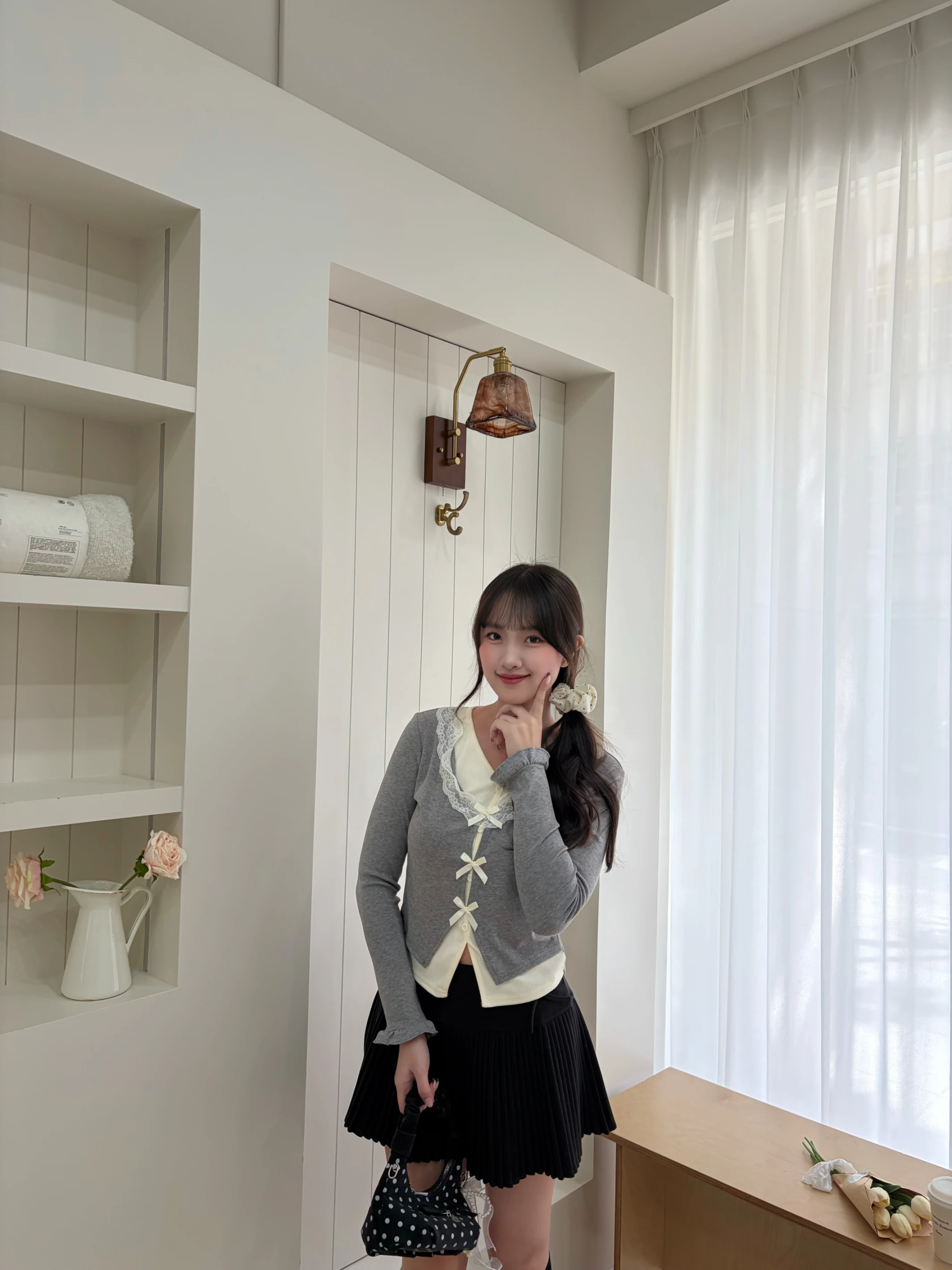 浪漫學院 蝴蝶結假兩件上衣 gray