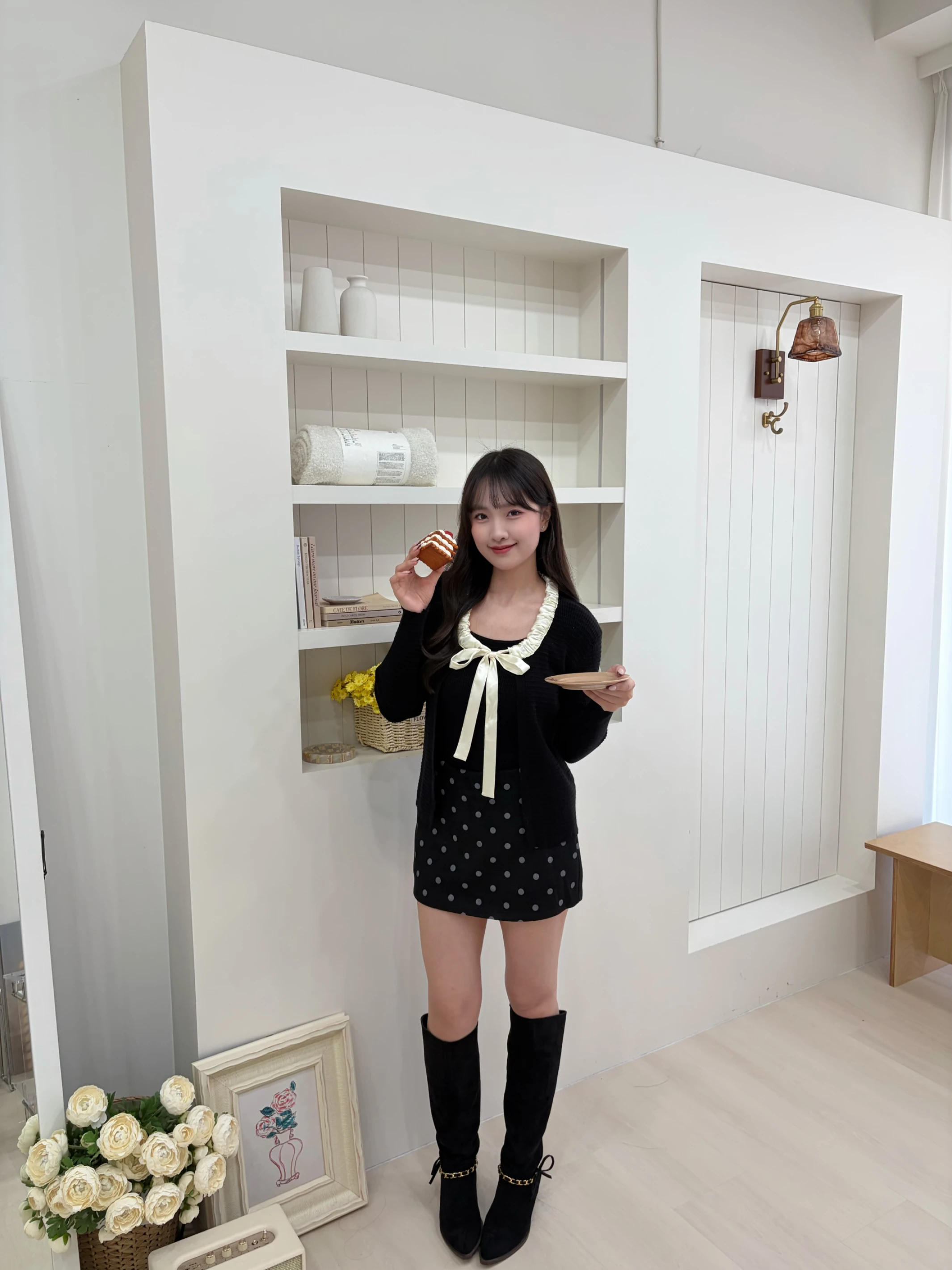 法式奶霜 蝴蝶結綁帶兩件式上衣 black