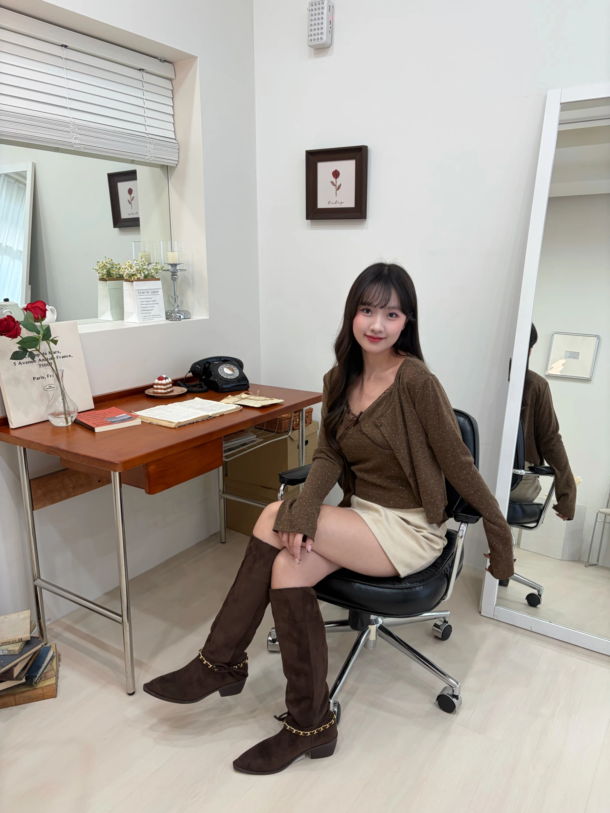摩卡小姐 點點蝴蝶結兩件式套裝 brown
