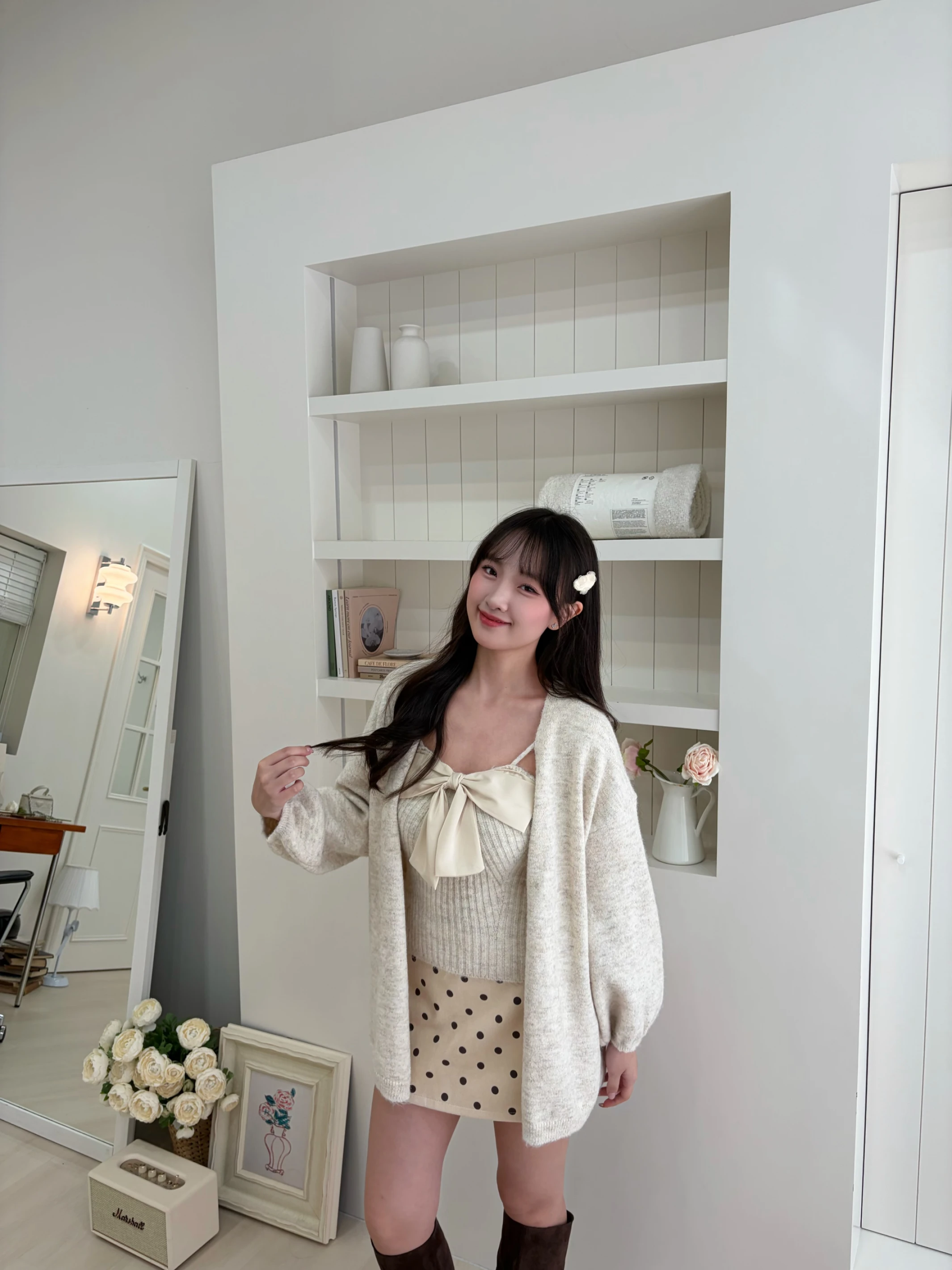 初戀日記 緞帶蝴蝶結毛衣兩件套 beige
