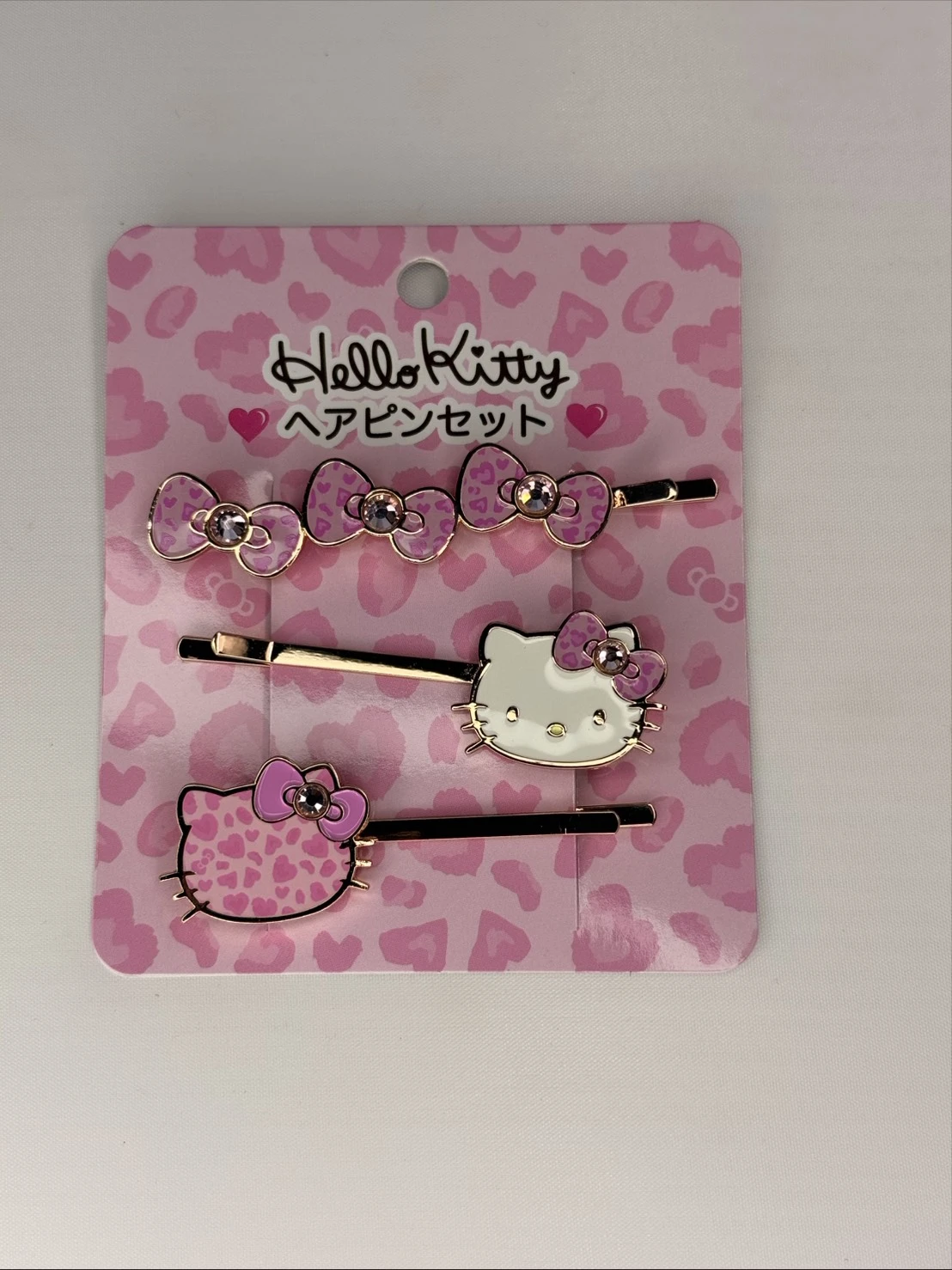 KITTY豹紋蝴蝶結三入髮夾(粉紅)