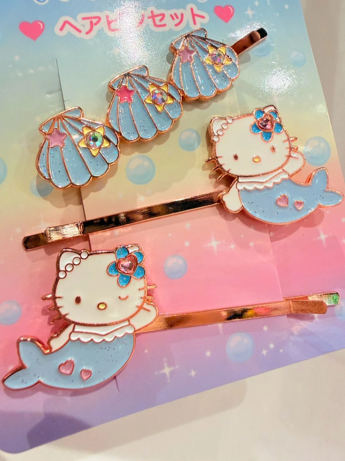 美人魚KITTY貝殼三入髮夾(藍)