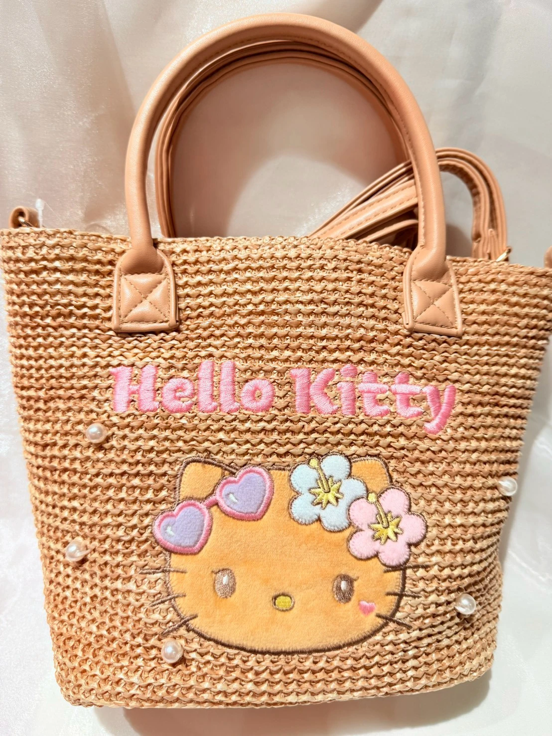 限定KITTY黑皮珍珠竹編斜背手提包