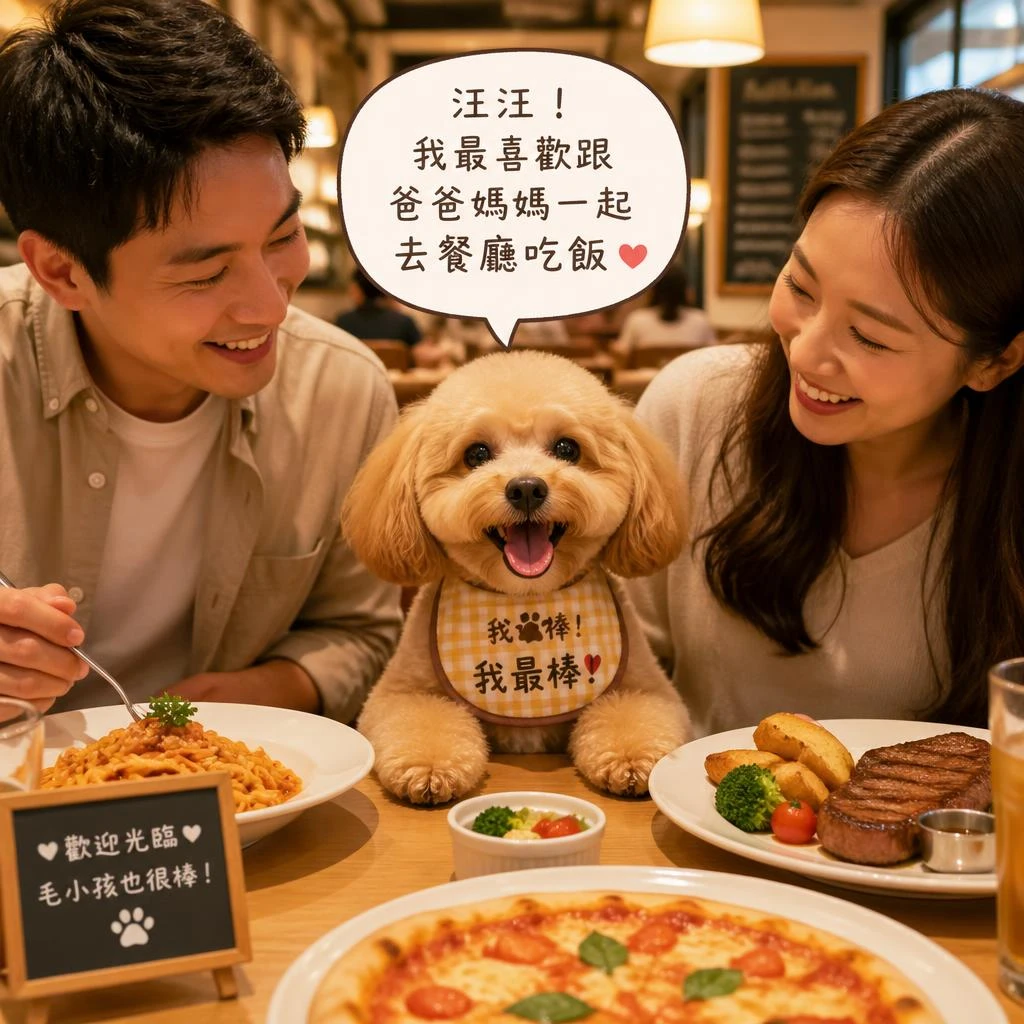 汪汪！我最喜歡跟爸爸媽媽一起去餐廳吃飯！