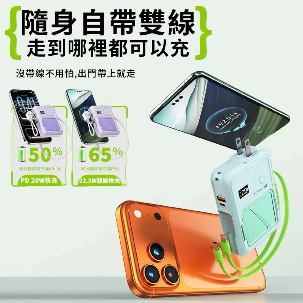【mimax 米覓】防爆 固態電芯 行動電源 自帶插頭 雙線 三合一充電