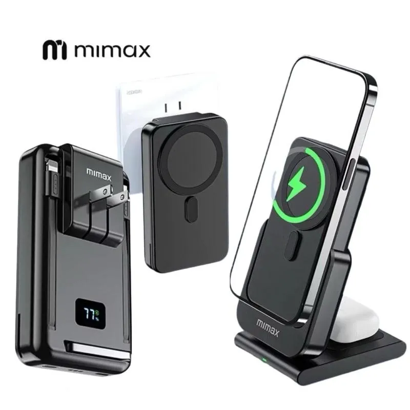 【米覓 mimax】自帶插頭 雙線 三合一充電座 無線磁吸充電支架 magsafe 行動電源