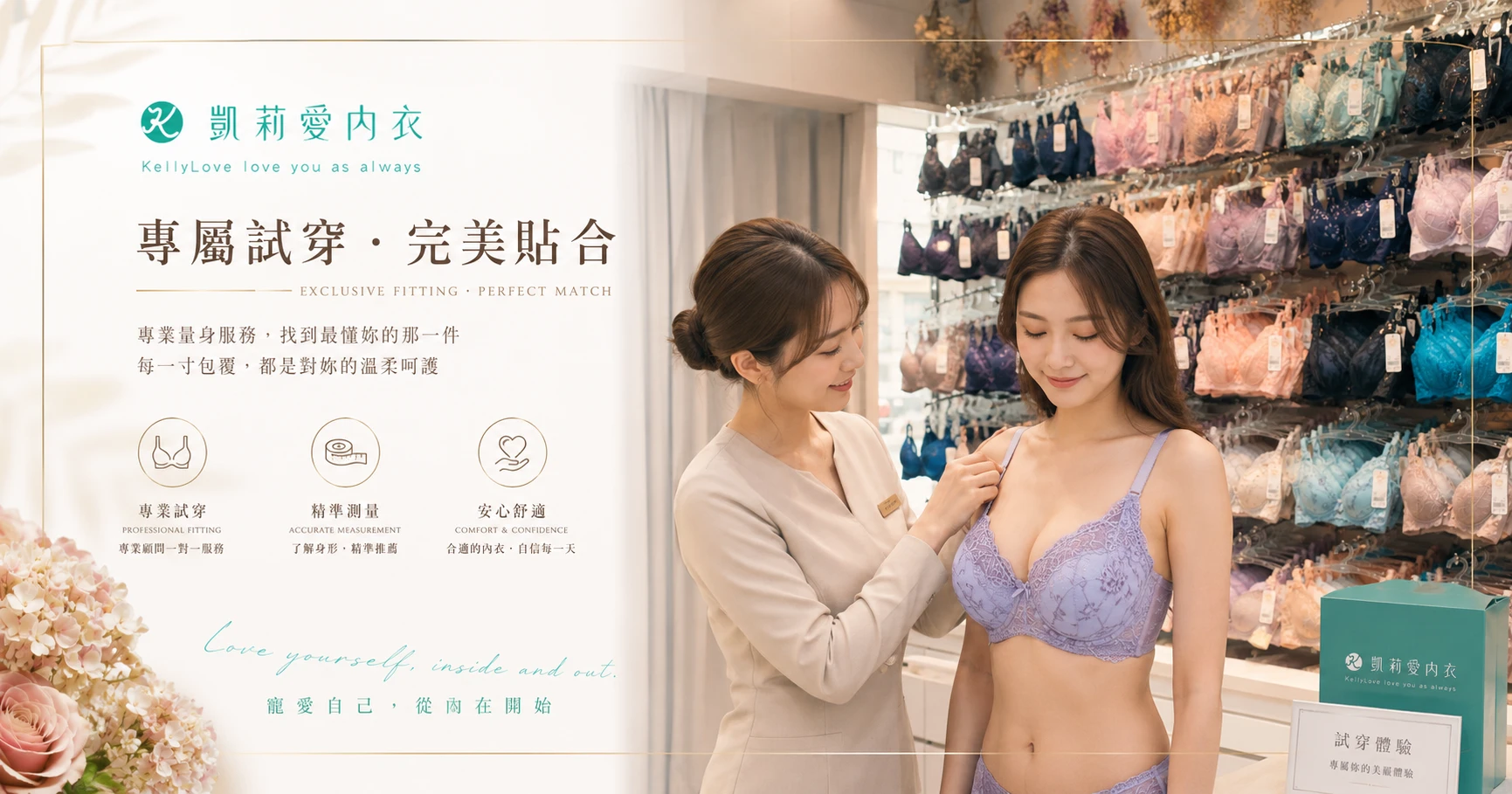 凱莉愛內衣門市專屬試穿量身服務,提供獨家胸型測試與大罩杯、無鋼圈機能內衣體驗