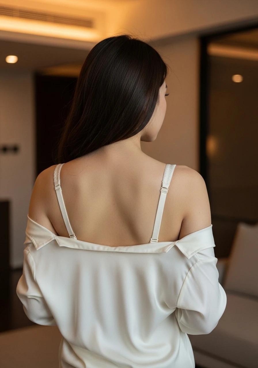 台灣女性背部及肩帶細節的藝術攝影，凸顯內衣的支撐設計與優雅剪裁，搭配輕透絲質上衣。