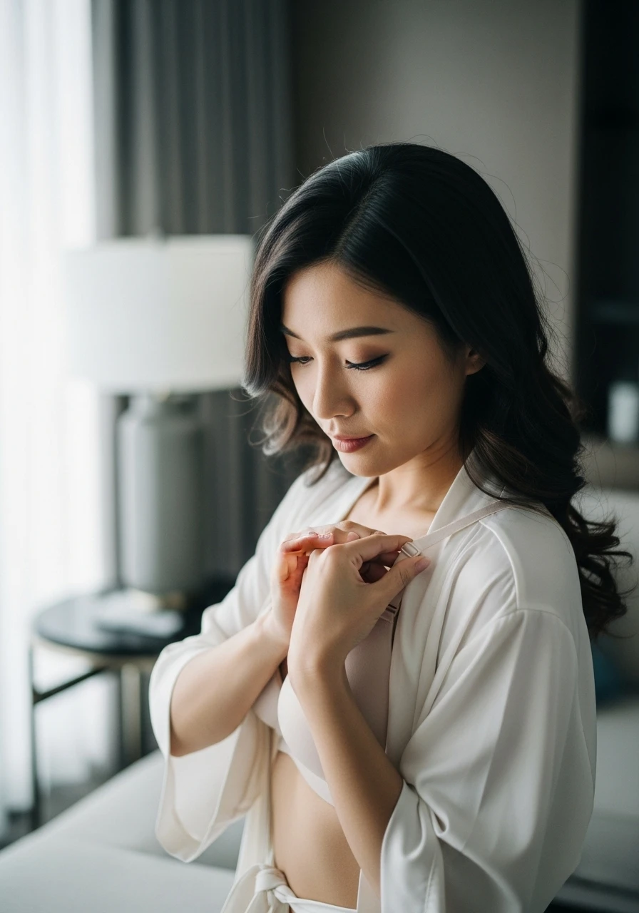 一位台灣女性在時尚空間中優雅地調整內衣肩帶，捕捉她對完美貼合度的細膩追求。