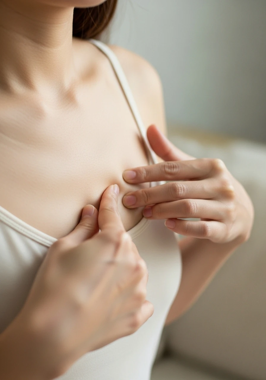 女性手指輕柔地以螺旋狀觸摸乳房,示範正確的乳房觸診技巧。