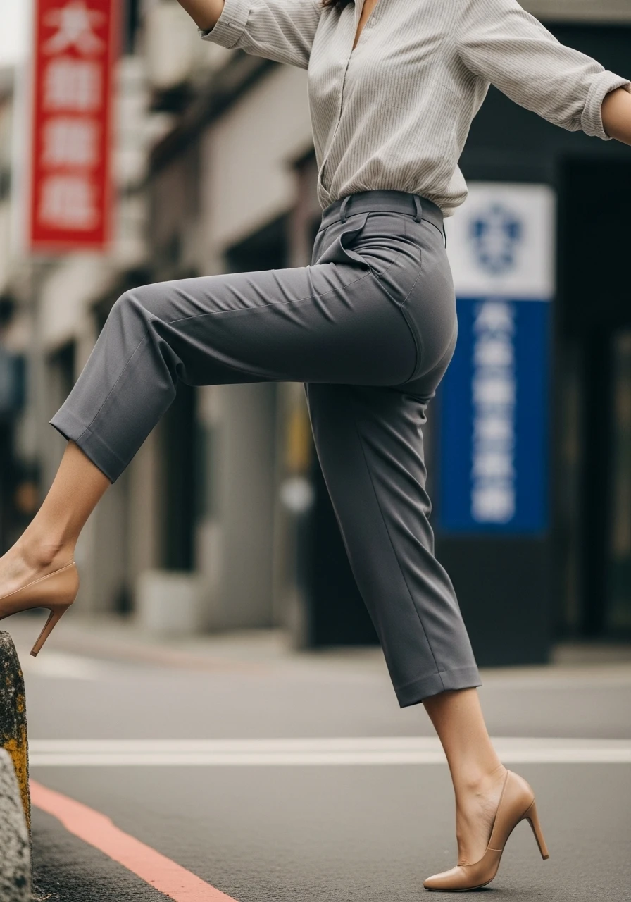 一位台灣女性在都市中自信地行走，透過外褲隱約呈現舒適貼身內褲的輪廓，展現自在與活力。