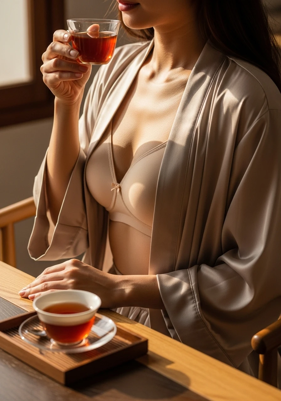 一位女士穿著絲質睡袍,內搭凱莉愛內衣的軟杯胸罩,享受著晨光下的寧靜時光,展現舒適與自信。
