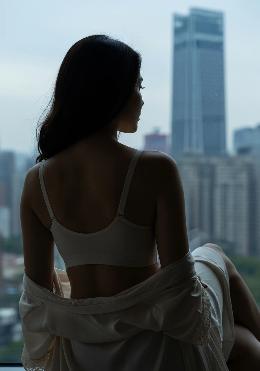 一位女士背對窗戶，穿著無鋼圈內衣和絲質睡袍，遠眺台北夜景，營造出都會女性的自在與優雅。