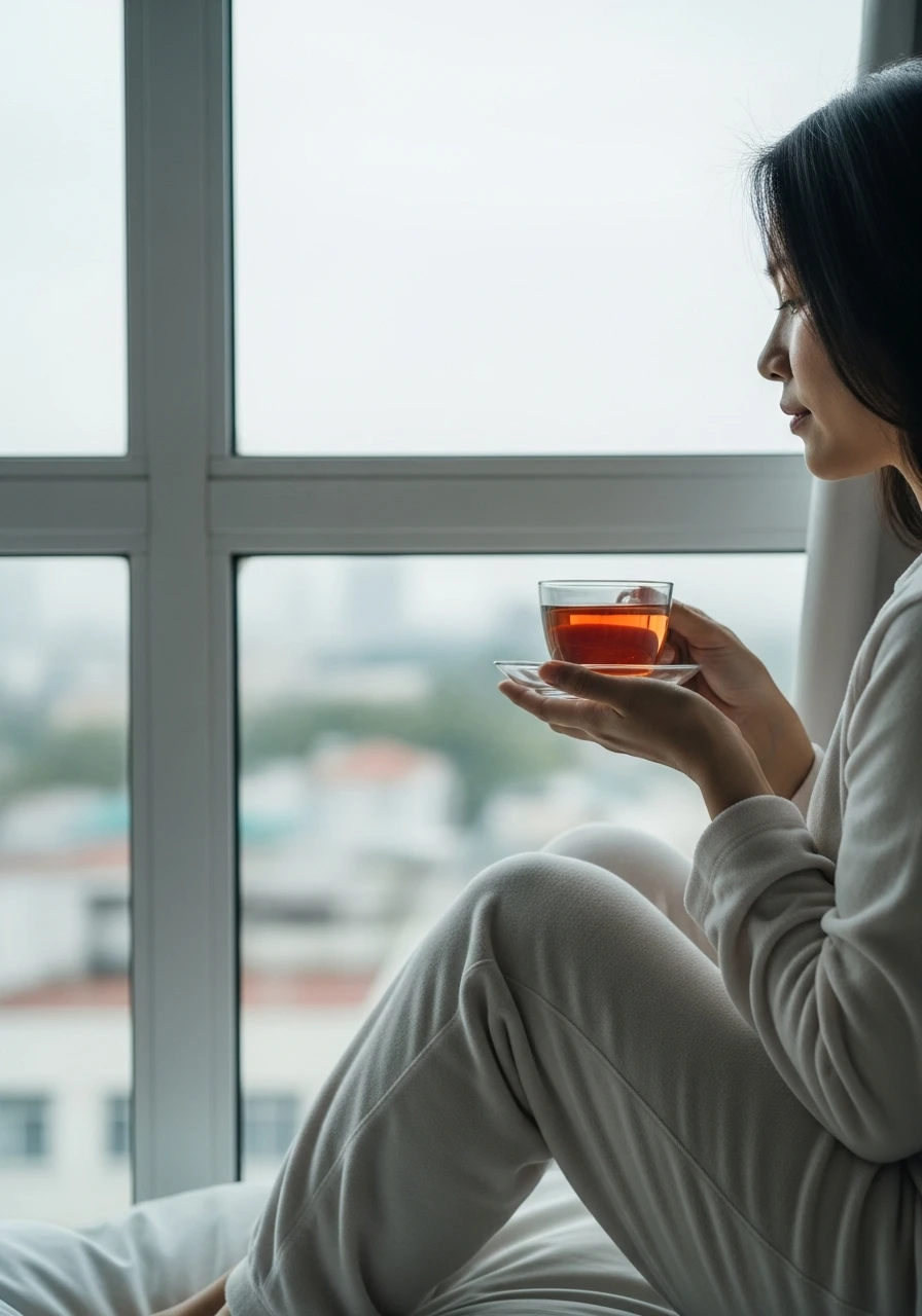 一位台灣女性坐在窗邊，身著舒適家居服，享受一杯溫熱的花草茶，背對城市景觀，展現自信與寧靜的氛圍。