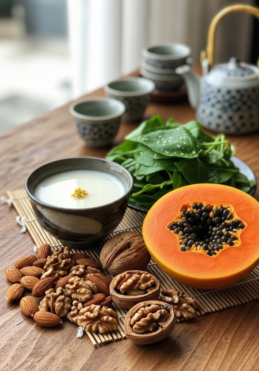 豐盛的美胸食物靜物擺拍，包含新鮮豆漿、杏仁、核桃、木瓜和綠葉蔬菜，置於明亮清新的台灣咖啡廳桌面。