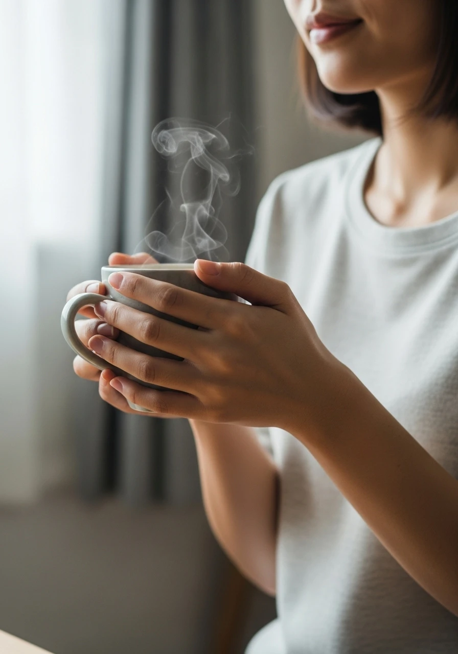 一位台灣女性溫柔地捧著熱騰騰的陶瓷馬克杯，蒸氣輕柔地升起，展現寧靜的早晨時光。