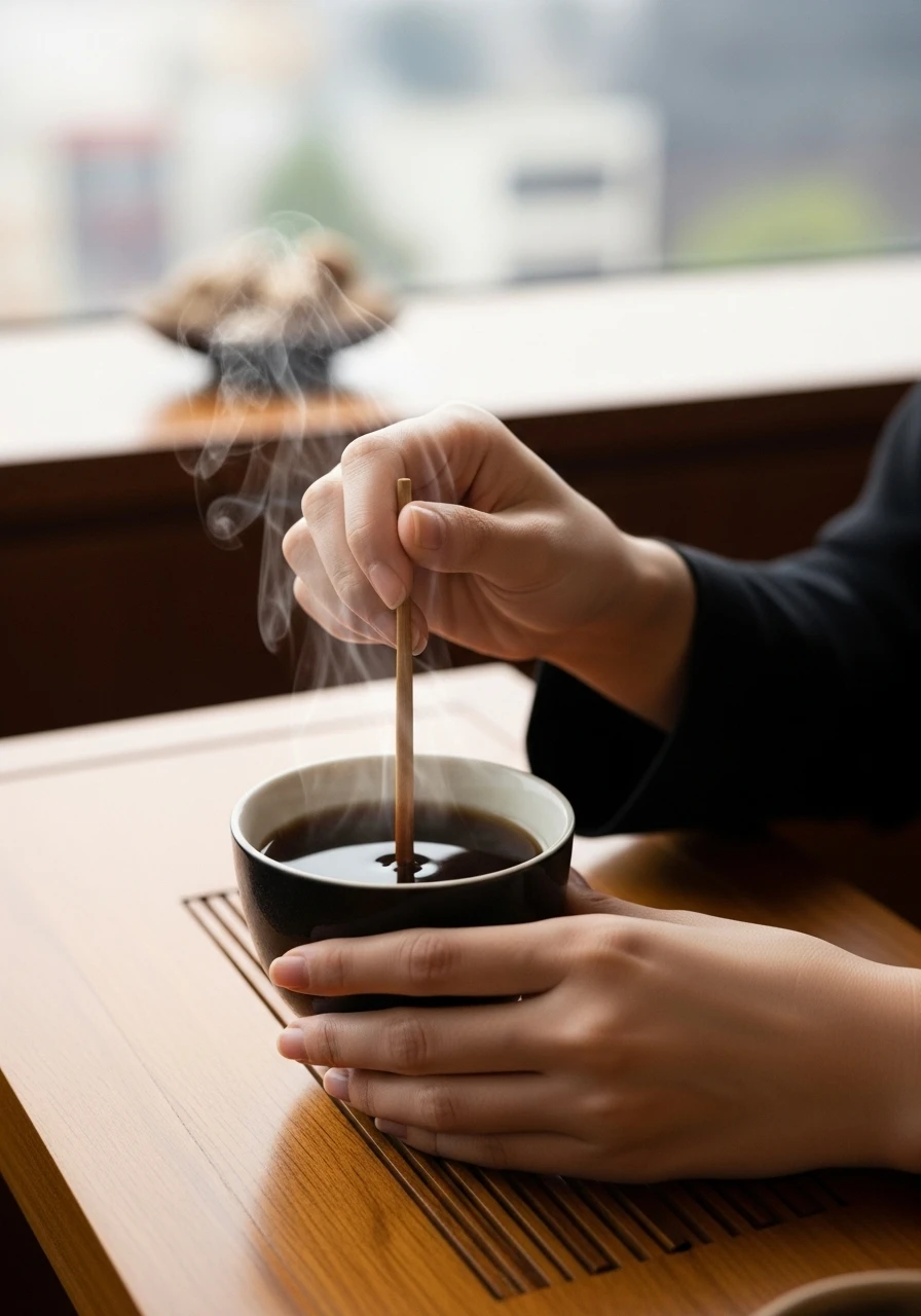 一雙優雅的手正在攪拌一杯冒著熱氣的黑糖薑茶，暗示傳統飲品對舒緩經痛的助益。