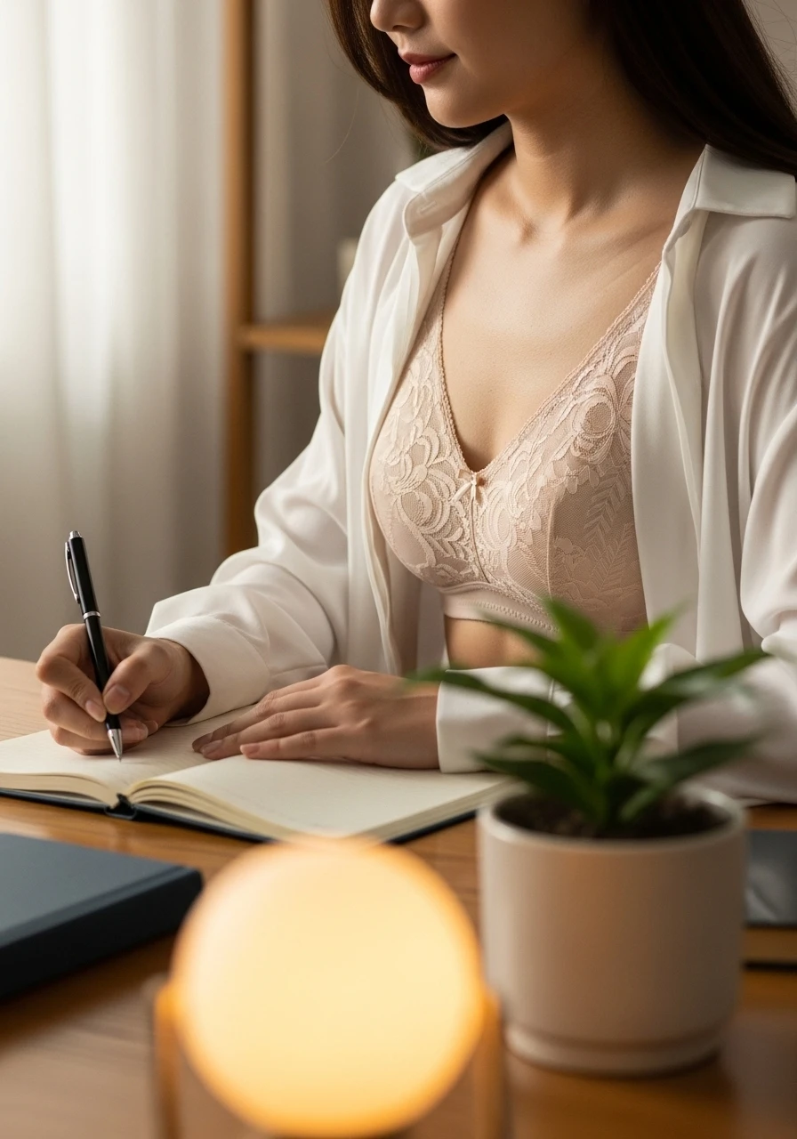 一位台灣女性穿著舒適優雅的內衣，坐在溫馨的居家辦公桌前書寫日記，專注於自我反思與整理思緒，展現內在的從容與細膩。