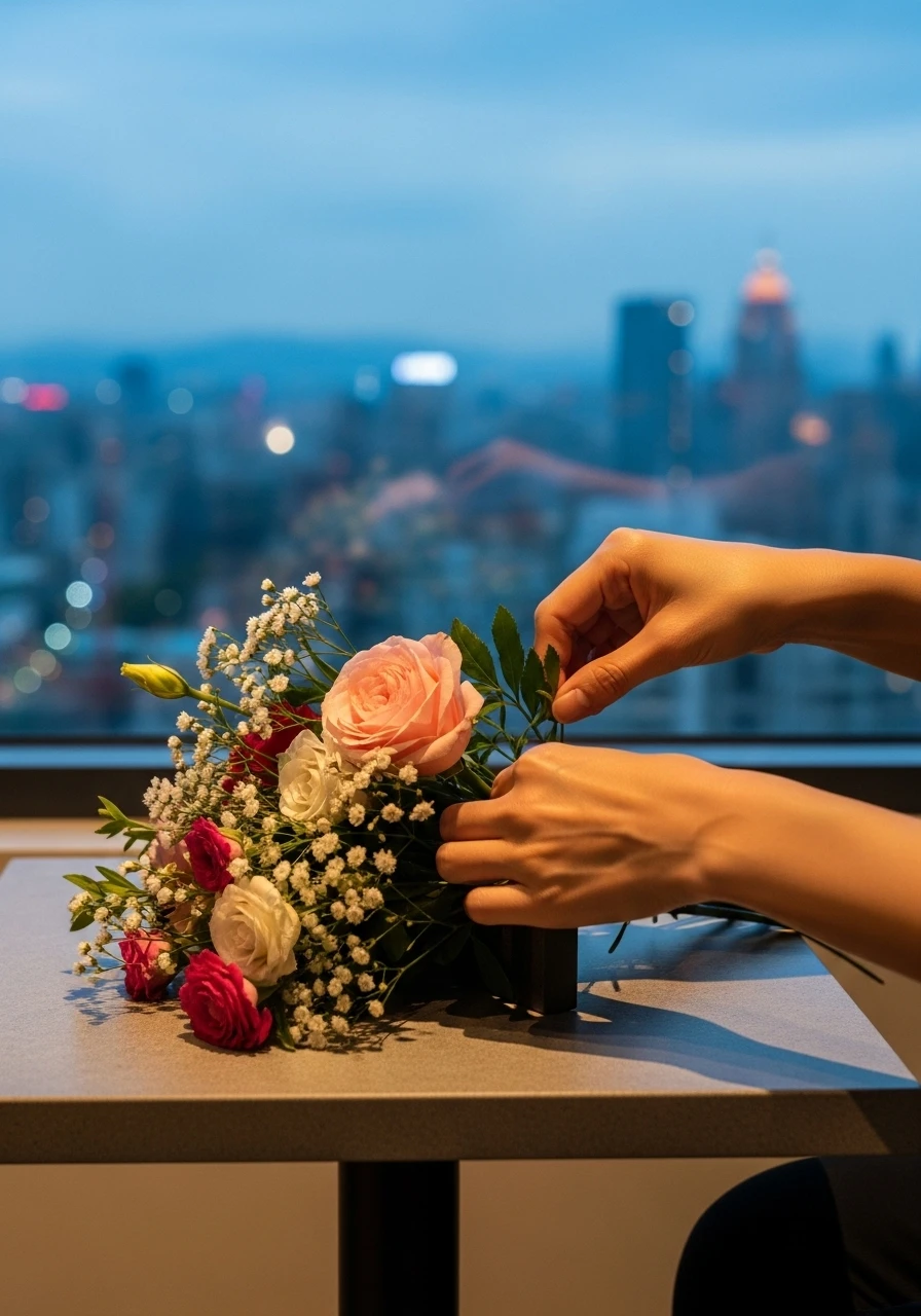 雙手細心地整理著美麗的鮮花,背景是模糊的台北城市夜景,象徵在忙碌生活中尋找平衡與美感,為自己注入新的活力。