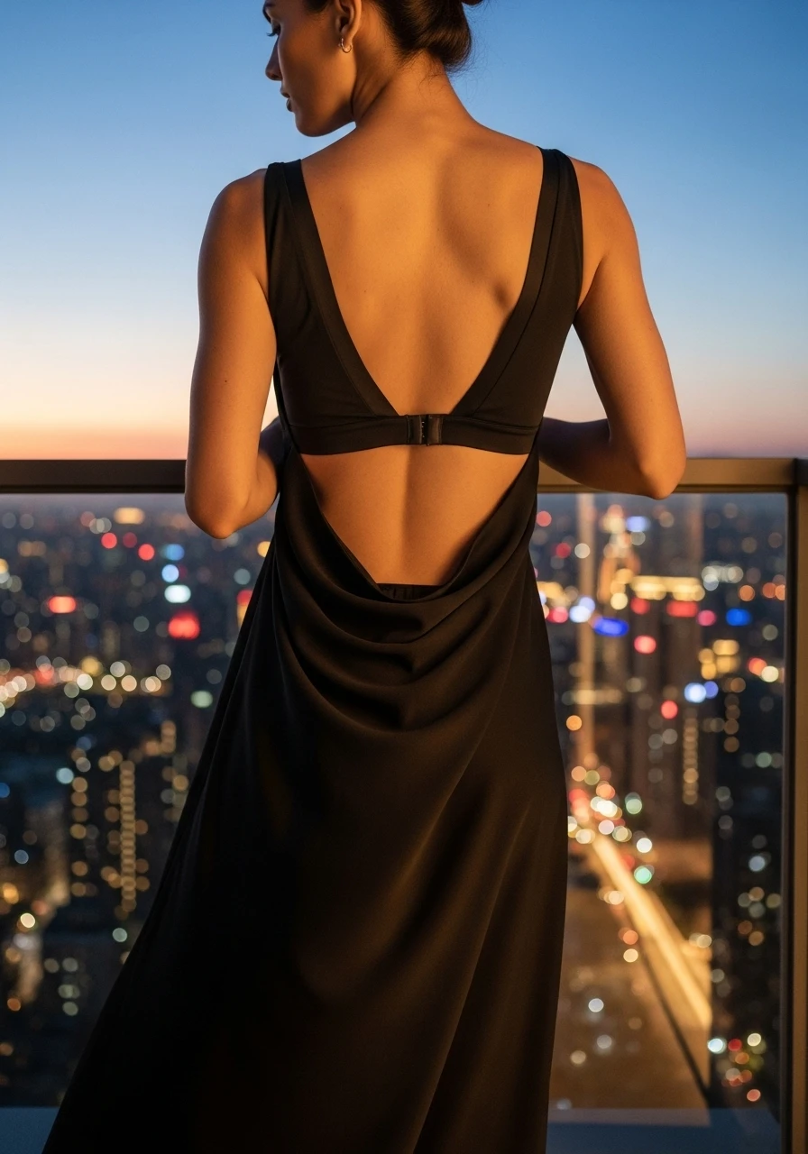 一名女性穿著V型美背內衣,自信地站在俯瞰台灣城市夜景的陽台。