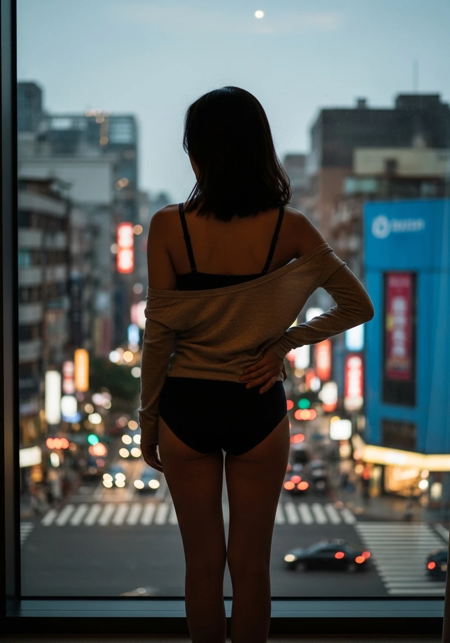 一名台灣女性自信地站在窗邊,俯瞰著夜幕低垂的台北街景,展現現代都市女性的自在與風采。