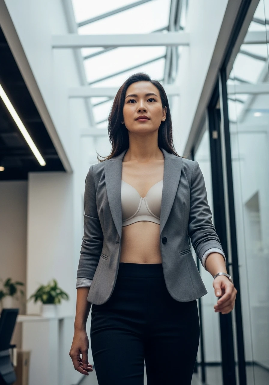 一位台灣職業女性在現代辦公室中自信行走，穿著西裝外套與合身上衣，展現挺拔的姿態與流暢的曲線。