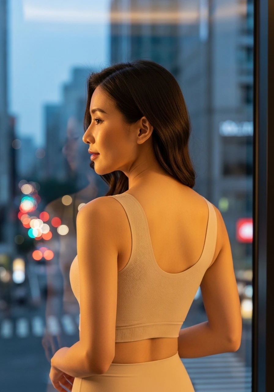 一位優雅的台灣女性背對窗戶，眺望都市夜景，身穿無痕透氣內衣，展現自信與舒適。