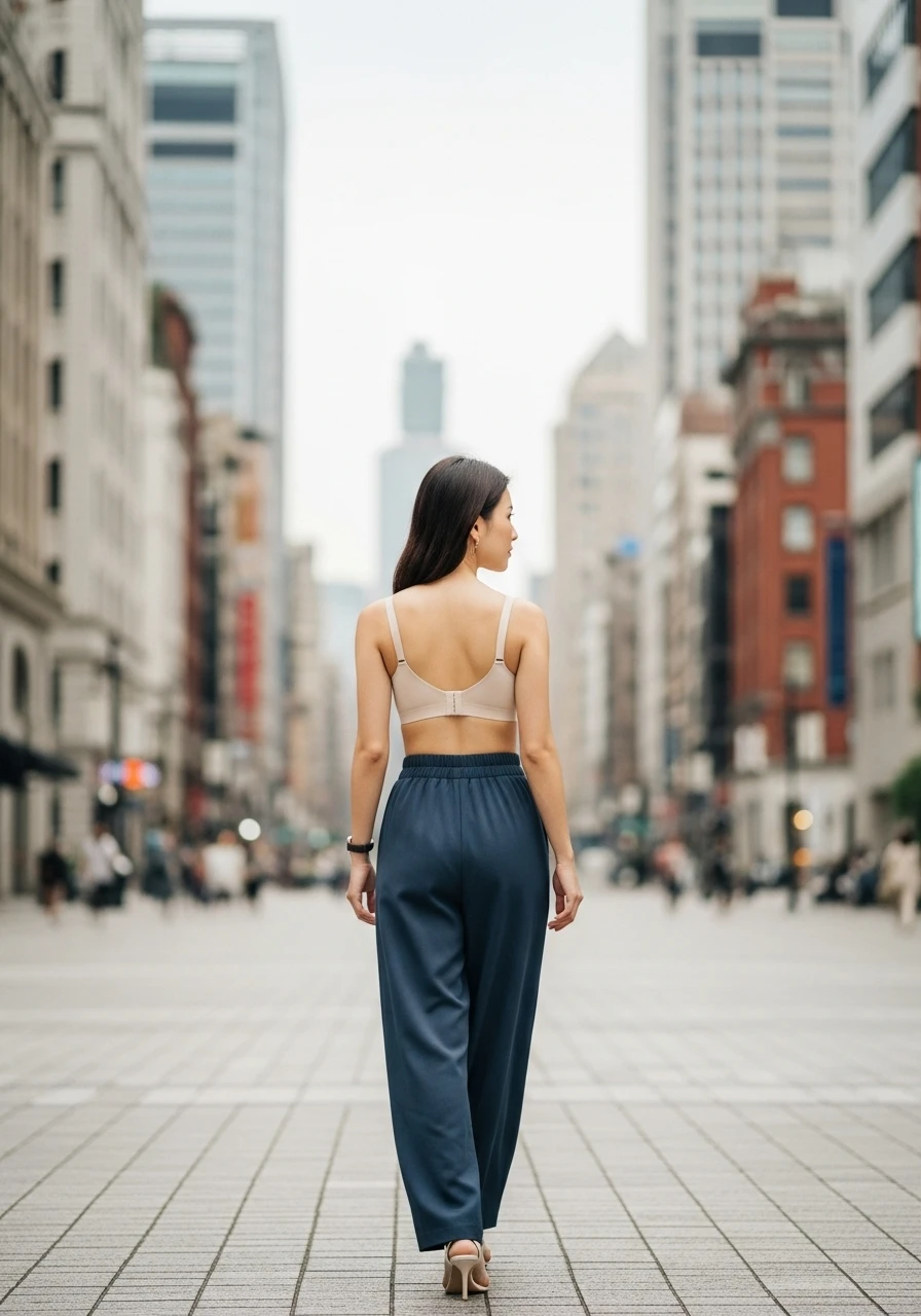 一位時尚的台灣女性在熙熙攘攘卻優雅的台北街景中自信漫步，她穿著飄逸的服飾，內衣肩帶或背部細節（為舒適與平滑線條設計）若隱若現，展現自在與活力。