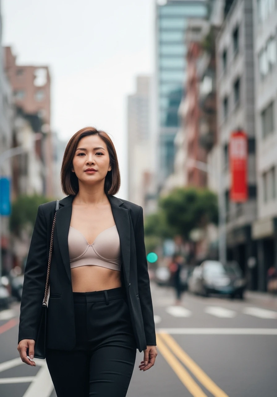 一位身穿時尚西裝外套的台灣女性，自信地走在台北信義區的街頭，展現穿著舒適內衣後，自在與充滿力量的姿態。