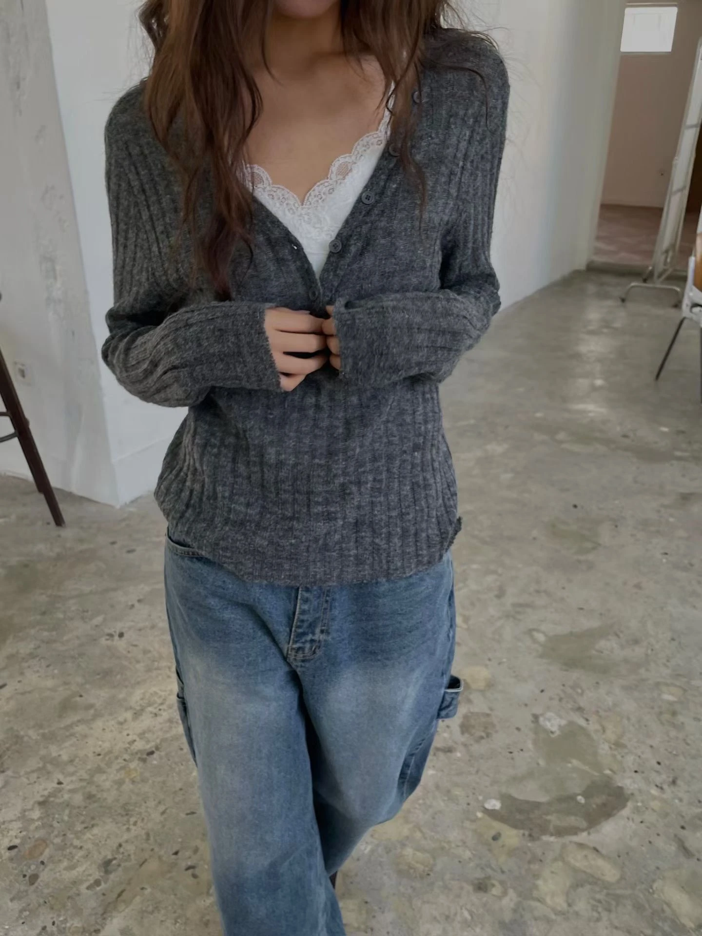 正反兩穿純欲針織上衣(灰/奶油白/咖啡)