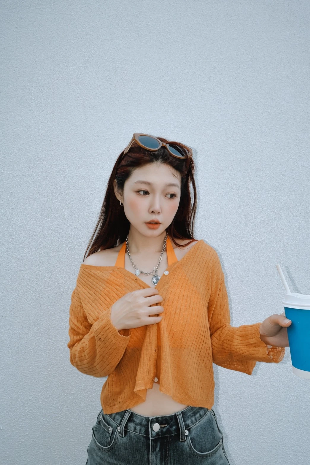 微透感V領針織罩衫-橘