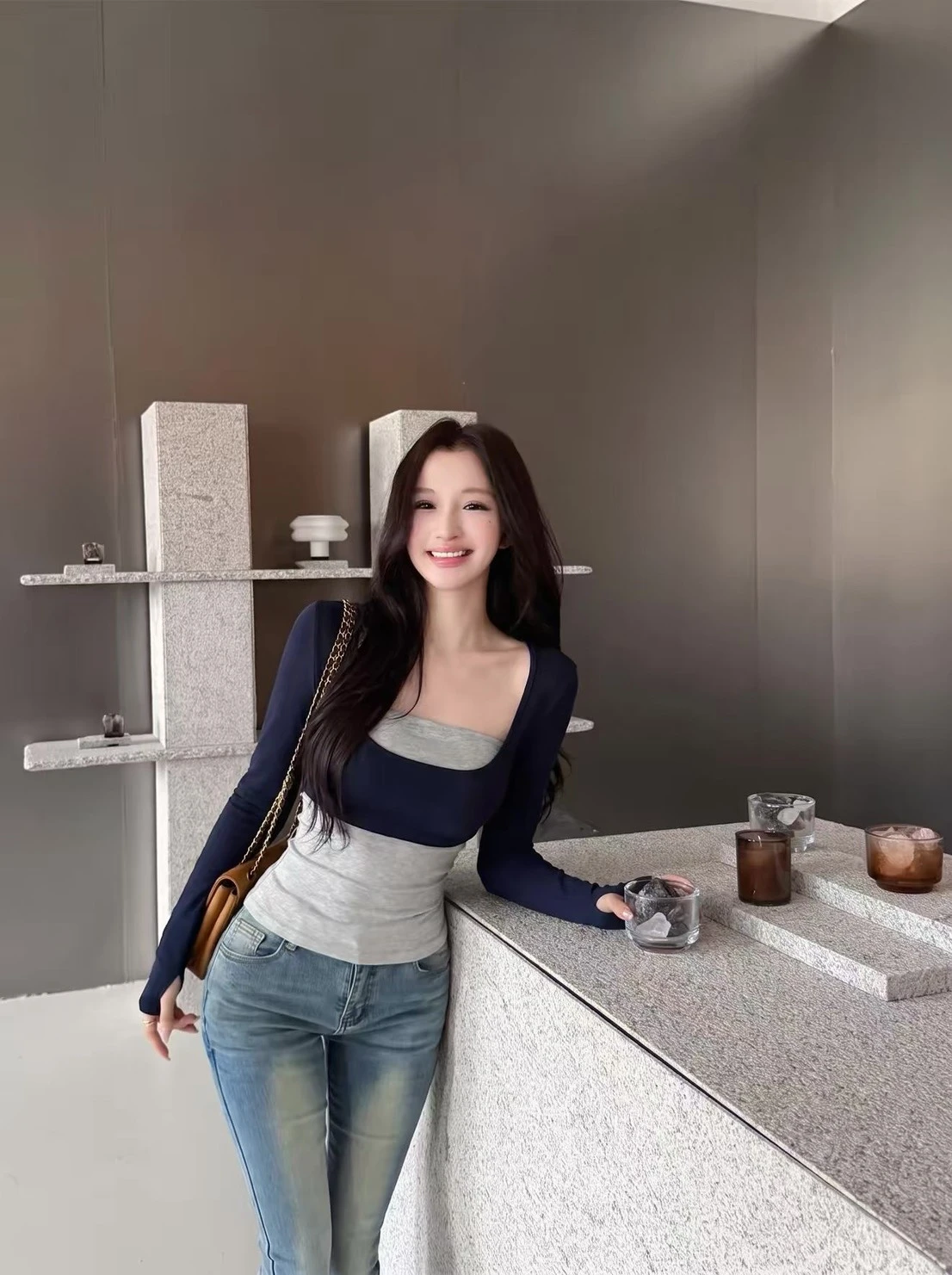 顯瘦假兩件拼接上衣