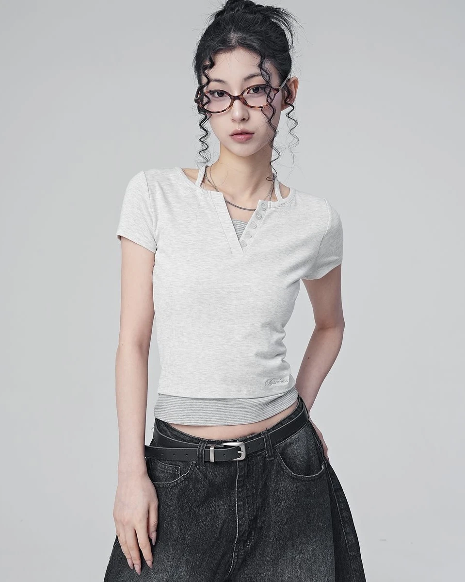 <預購> 韓國AVANDRESS Sally 層次感假兩件條紋短T