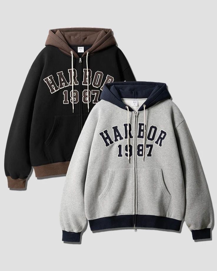 <預購> 韓國JEMUT HARBOR 美式復古撞色刺繡刷毛連帽外套